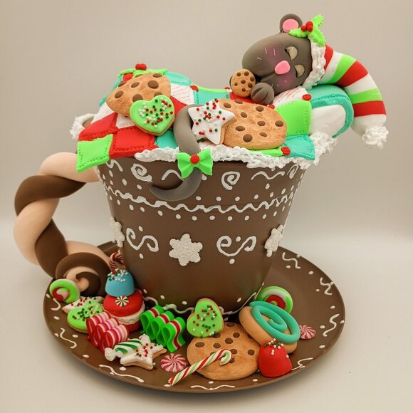 Christmas Hot Cocoa Mug with Sleepy Mouse and Cookies, Whimsical Holiday Decor - Picture 2 of 6